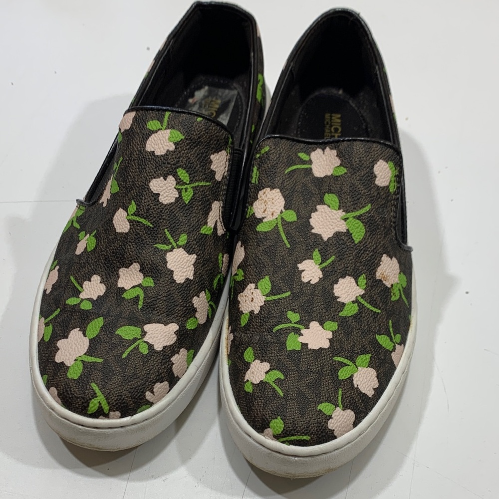 Michael Kors Black Floral Slip-On Sneakers with Pink and Green